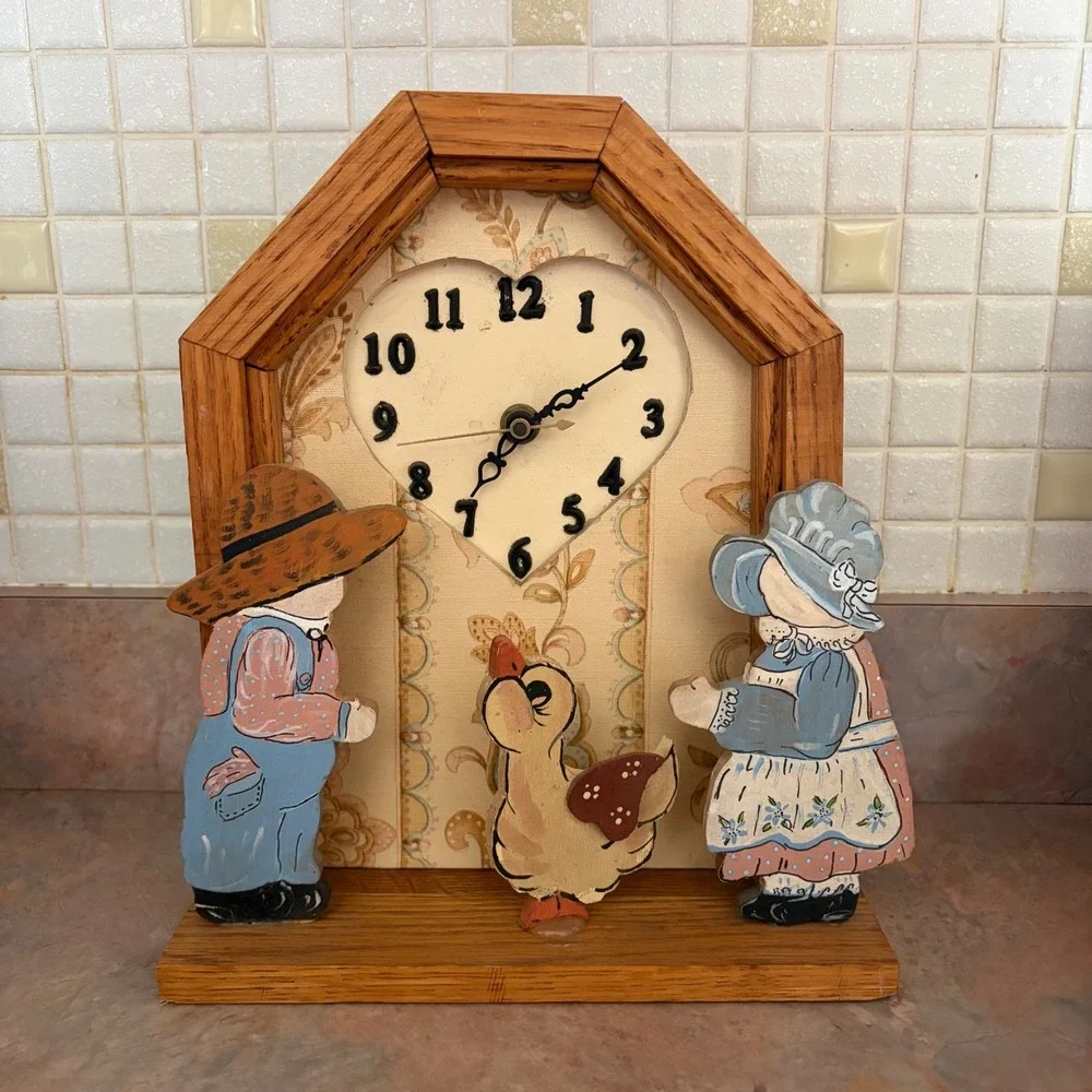 Vintage 1992 Hand Painted Wood Folk Art Clock Heart Country Boy Girl Duck works